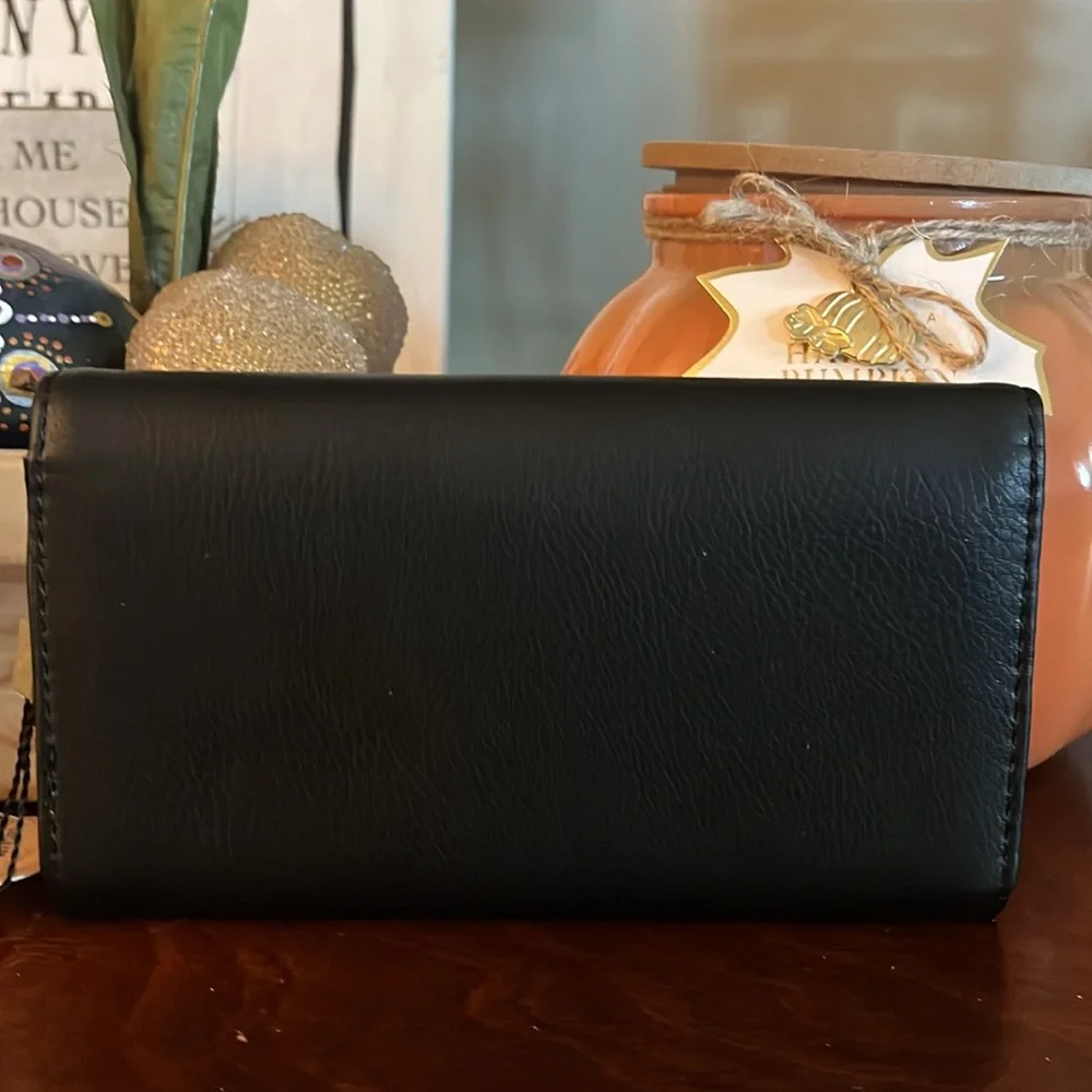 Max Studio Faux Leather Vegan Black Studded Trim Snap Woman's Wallet NWT